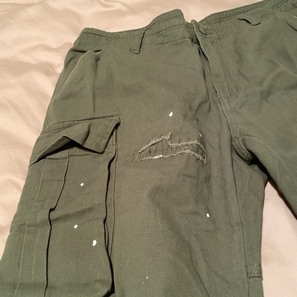 Green wide leg cargo pants with white paint and stitching (all intended) 38” - Picture 2 of 3